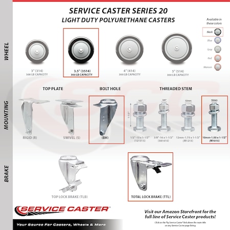 Service Caster 3.5 Inch Black Polyurethane Swivel 10mm Stem Caster with Total Lock Brake SCC-TSTTL20S3514-PPUB-BLK-M1015